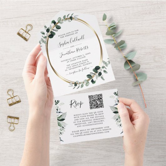 Bijgewerkt Eucalyptus Gold QR-code RSVP Weddenscha All In One Uitnodiging