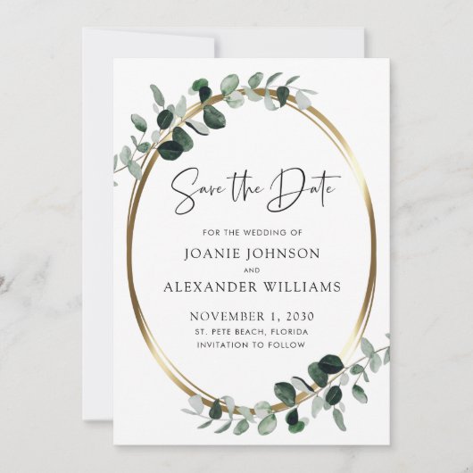 Bijgewerkte QR-code Eucalyptus Greenery Gold Save The Date (Voorkant)