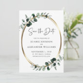 Bijgewerkte QR-code Eucalyptus Greenery Gold Save The Date (Staand voorkant)