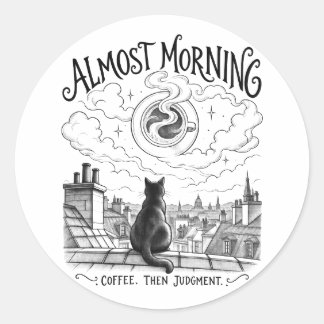 Bijna Ochtend Zwarte Kat Koffie Dak Kunst Ronde Sticker
