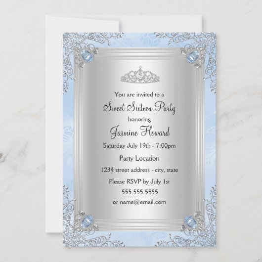 Bijou bleu étincelant & Tiara Sweet 16 Invitation (Devant)