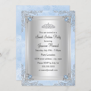 Bijou bleu étincelant & Tiara Sweet 16 Invitation