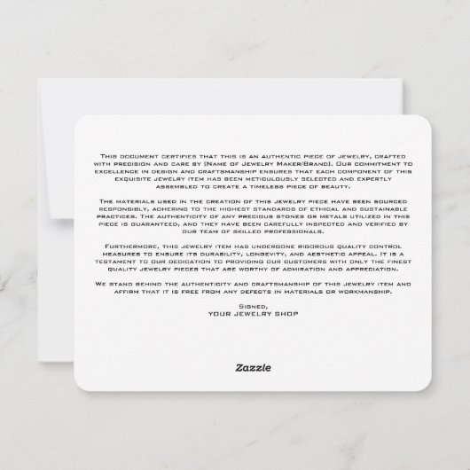 Bijoux Certificat d'authenticité Modèle (Dos)