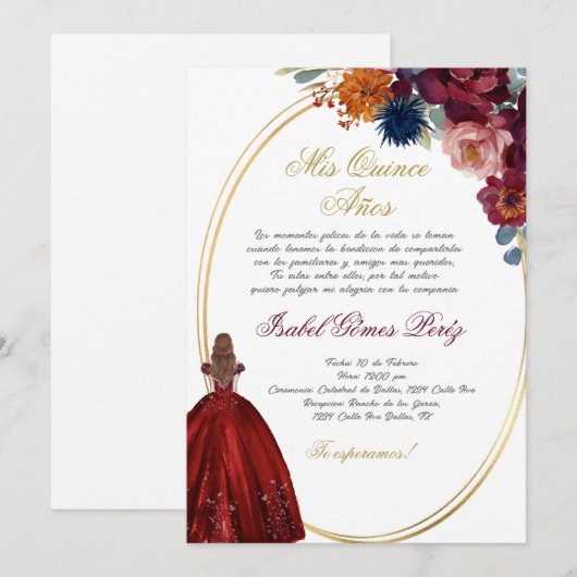Bijoux floraux Quinceanera invitation en espagnol (Devant / Derrière)
