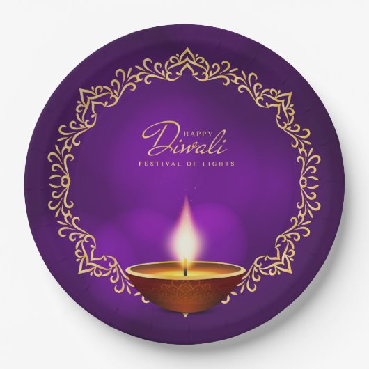 Bijpassende Happy Diwali Paarse 9" Papieren Bordje (Voorkant)