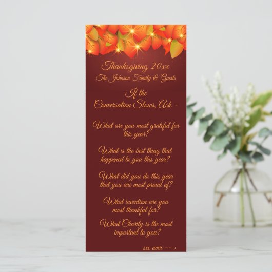 Bijpassende Thanksgiving Leaf Conversation Starter Menu (Staand voorkant)