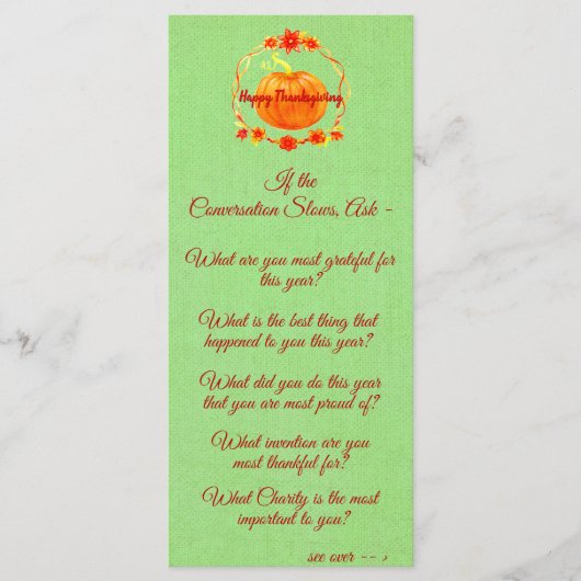 Bijpassende Thanksgiving pompoen gesprek starter Menu (Voorkant)