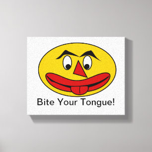 Bijt op je tong Grappig geel gezicht Canvas Afdruk