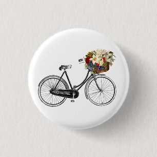 Bike met mandje vol bloemen ronde button 3,2 cm