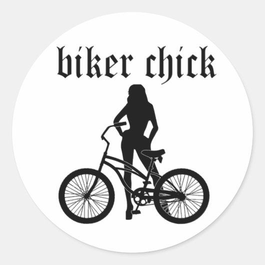 "Biker chick" vrouw silhouet met fiets! Ronde Sticker (Voorkant)