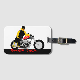 BIKER CHICK zit op haar motorfiets Bagagelabel