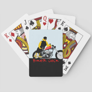 BIKER CHICK zit op haar motorfiets Pokerkaarten