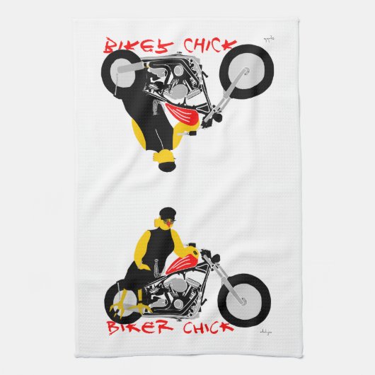 BIKER CHICK zit op haar motorfiets Theedoek (Verticaal)