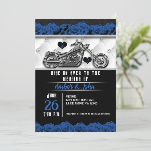 Biker Motorfiets Lederen Blauw Roos Bruiloft Kaart (Staand voorkant)
