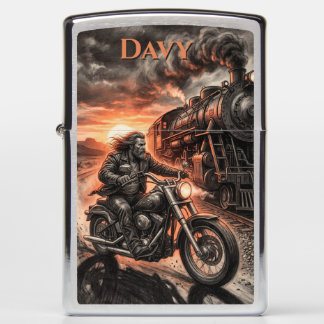 Biker Races Steam Train Desert Sunset Charcoal Art