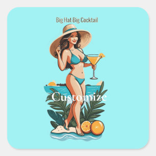 Bikini Babe Groot Pet- Grote Cocktail Thunder_Cove Vierkante Sticker