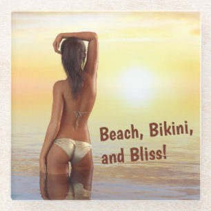 Bikini Meisje Poseren in het Zee bij zonsondergang Glazen Onderzetter