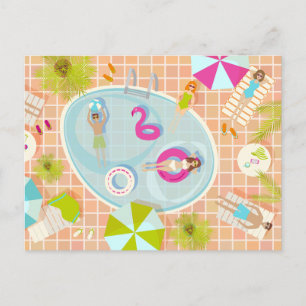 Bikini meisjes en jongens spelen zwembad spel briefkaart