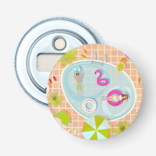 Bikini meisjes en jongens spelen zwembad spel button flesopener