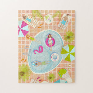 Bikini meisjes en jongens spelen zwembad spel legpuzzel