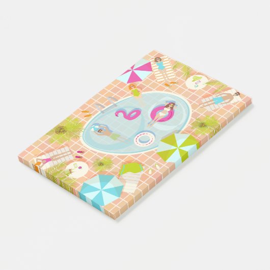 Bikini meisjes en jongens spelen zwembad spel post-it® notes (Schuin)