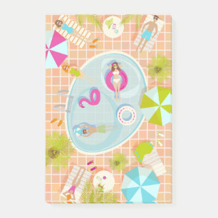 Bikini meisjes en jongens spelen zwembad spel post-it® notes