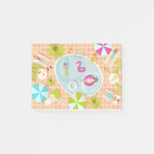 Bikini meisjes en jongens spelen zwembad spel post-it® notes