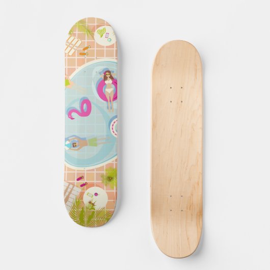 Bikini meisjes en jongens spelen zwembad spel skateboard (Voorkant)