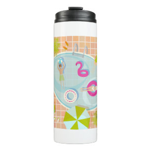 Bikini meisjes en jongens spelen zwembad spel thermosbeker