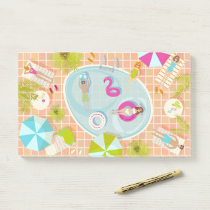 Bikinimeisjes en jongens die zwembadspel spelen post-it® notes