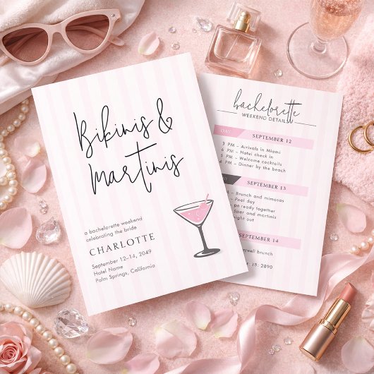 Bikinis and Martinis Pink Bachelorette Weekend Inv Kaart