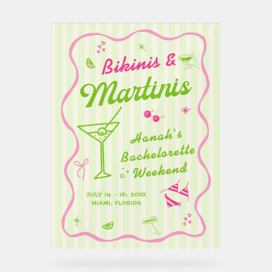 Bikini's en Martinis Bach Party Welkom Acryl Bord (Voorkant)