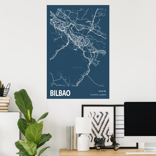 Bilbao Spanje City Map Line Art Blue Print (Thuiskantoor)