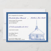 Bilingual Blue Chapel Wedding Invitation Kaart (Achterkant)