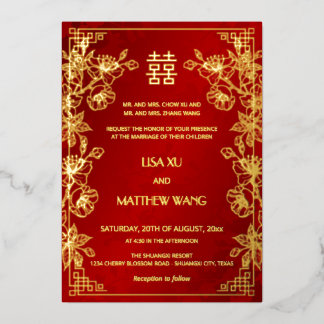  BILINGUAL Gold Frame Red Chinese Wedding Folie Uitnodiging