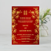 BILINGUAL Gold Frame Red Chinese Wedding Folie Uitnodiging (Staand Voorkant)