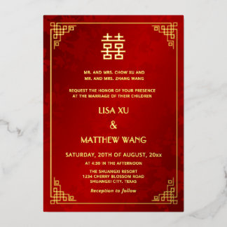  BILINGUAL Gold Frame Red Chinese Wedding Folie Uitnodiging