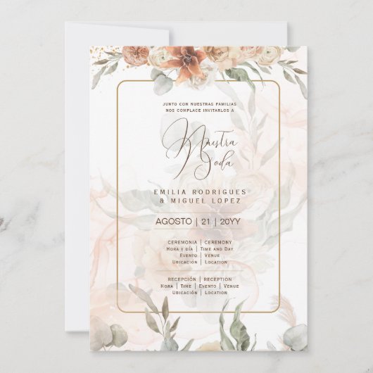 Bilingual Invitación de Boda Boho Pampa Grass Kaart (Voorkant)