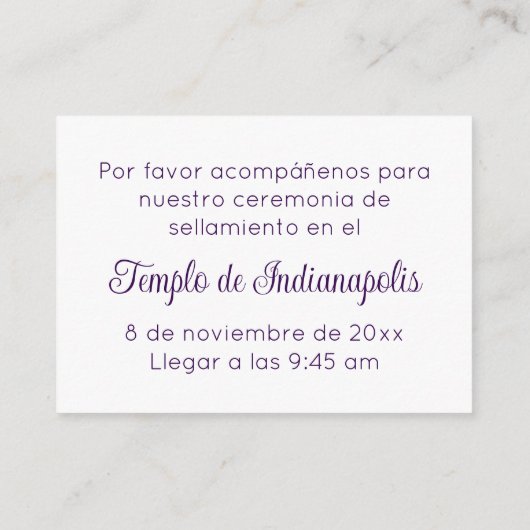 Bilingual Purple Script Temple Sealing Invitation Informatiekaartje (Achterkant)