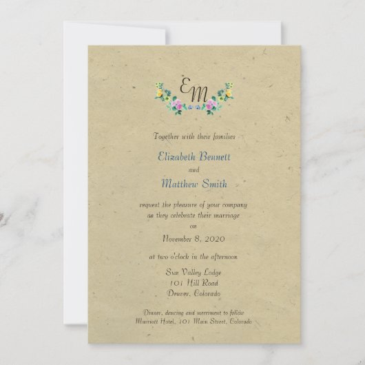 Bilingual Rustic Monogram Flower Wedding Invite Kaart (Voorkant)
