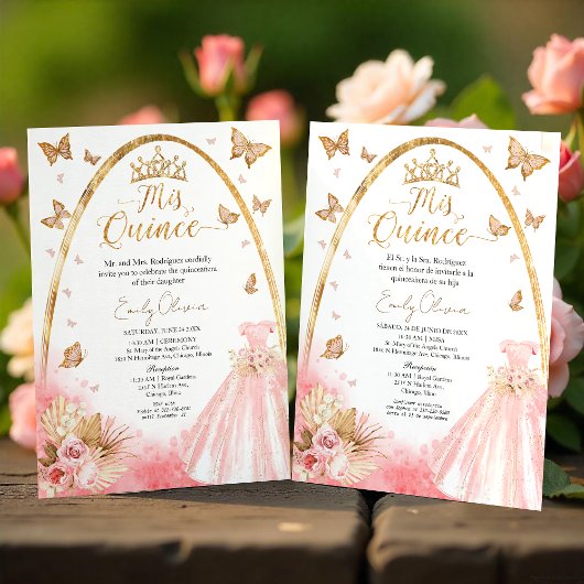 Bilingue Rose Blush Gown Quinceanera Invitation