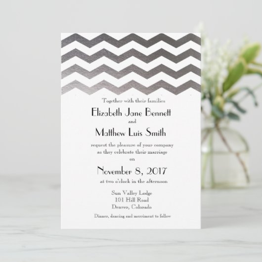 Bilingue Silver Chevron Faire-part de mariage (Debout devant)