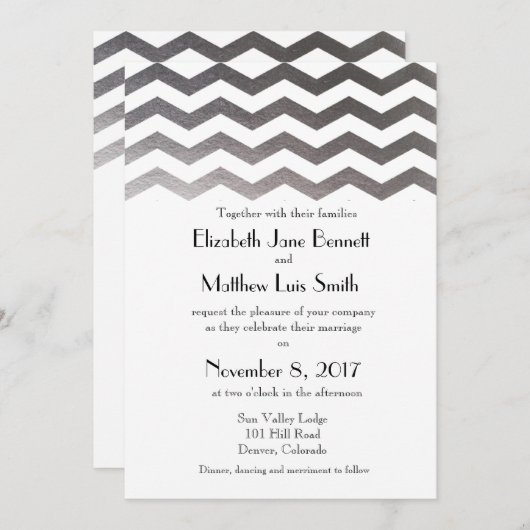 Bilingue Silver Chevron Faire-part de mariage (Devant / Derrière)