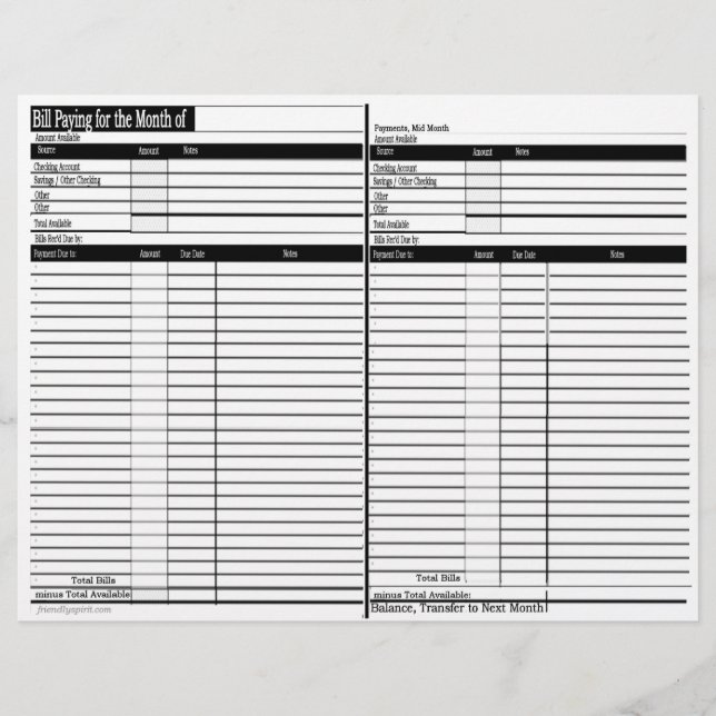 Bill Paying Schedule Sheets - Horizontaal (Voorkant)