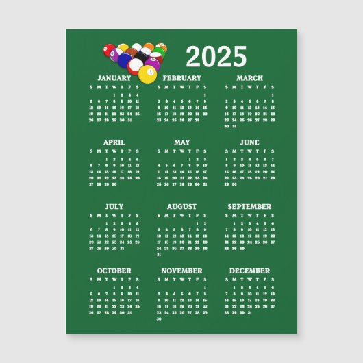 Billard Balls Pool 2025 Calendrier Carte magnétiqu (Devant)