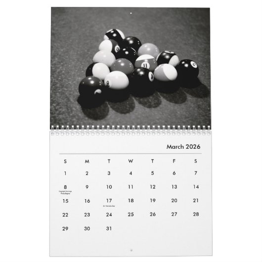 Billard en noir et blanc Calendrier Mur (Mar 2026)