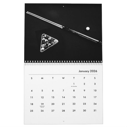 Billard en noir et blanc Calendrier Mur (Jan 2026)
