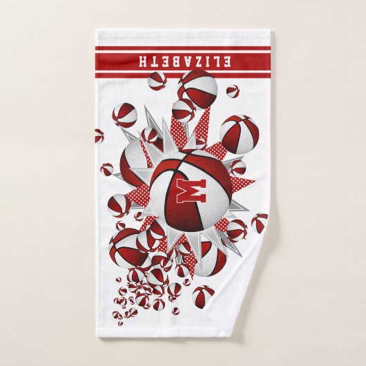 billes de basket blanc rouge étoiles filles monogr (Serviette à main)