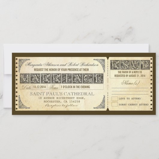 Billet antique mariage invitation & design rsvp (Devant)