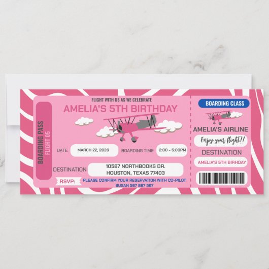 Billet avion rose Anniversaire Fête Invitation (Devant)